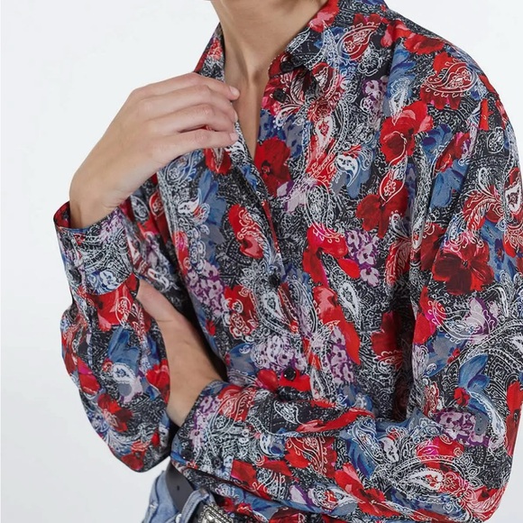 The Kooples 100% Silk Floral Red and Black Women's Top - Picture 4 of 14